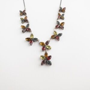 Vintage Sterling Silver Necklace Y Shape Multicolor Glass Stones Floral Pattern